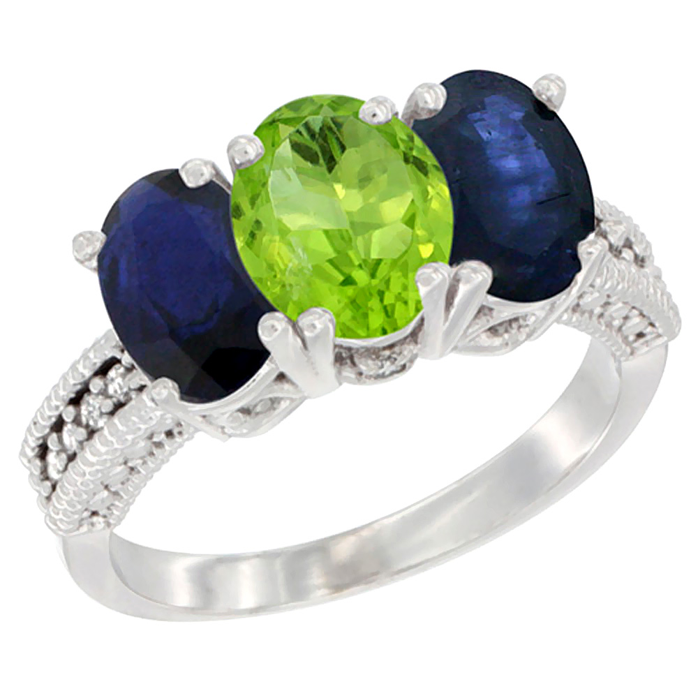 14K White Gold Natural Peridot & Blue Sapphire Sides Ring 3-Stone 7x5 mm Oval Diamond Accent, sizes 5 - 10