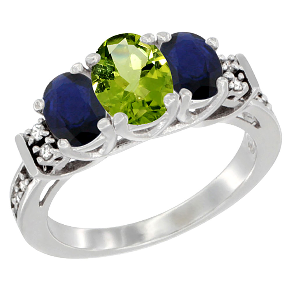 10K White Gold Natural Peridot &amp; Blue Sapphire Ring 3-Stone Oval Diamond Accent