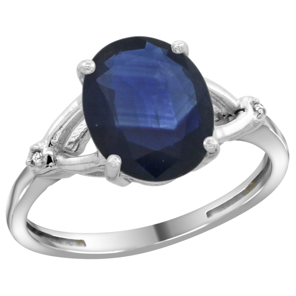 14K White Gold Diamond Natural Blue Sapphire Engagement Ring Oval 10x8mm, sizes 5-10