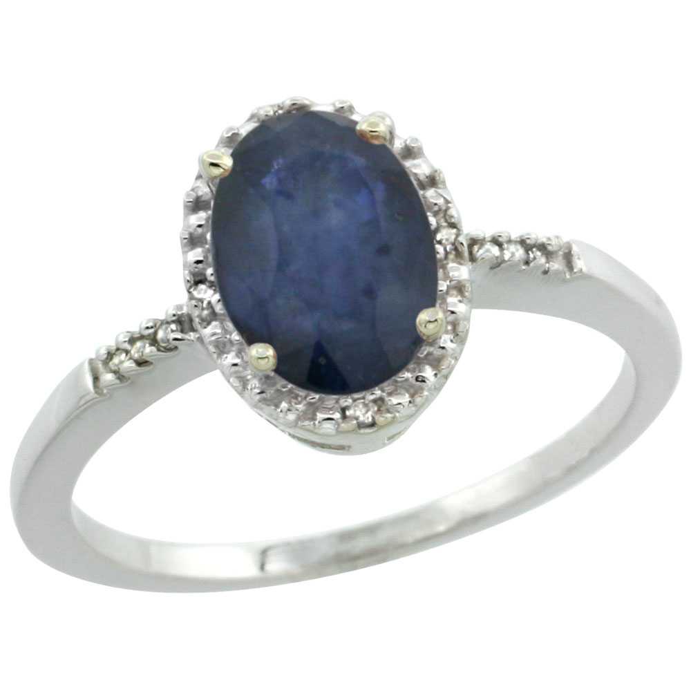 10K White Gold Natural Diamond Blue Sapphire Ring Oval 8x6mm, sizes 5-10