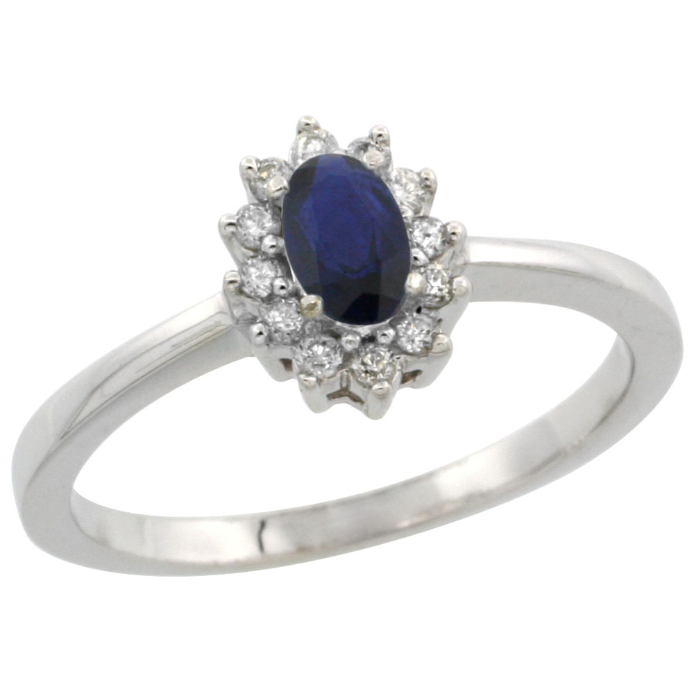 10k White Gold Natural Blue Sapphire Ring Oval 5x3mm Diamond Halo, sizes 5-10