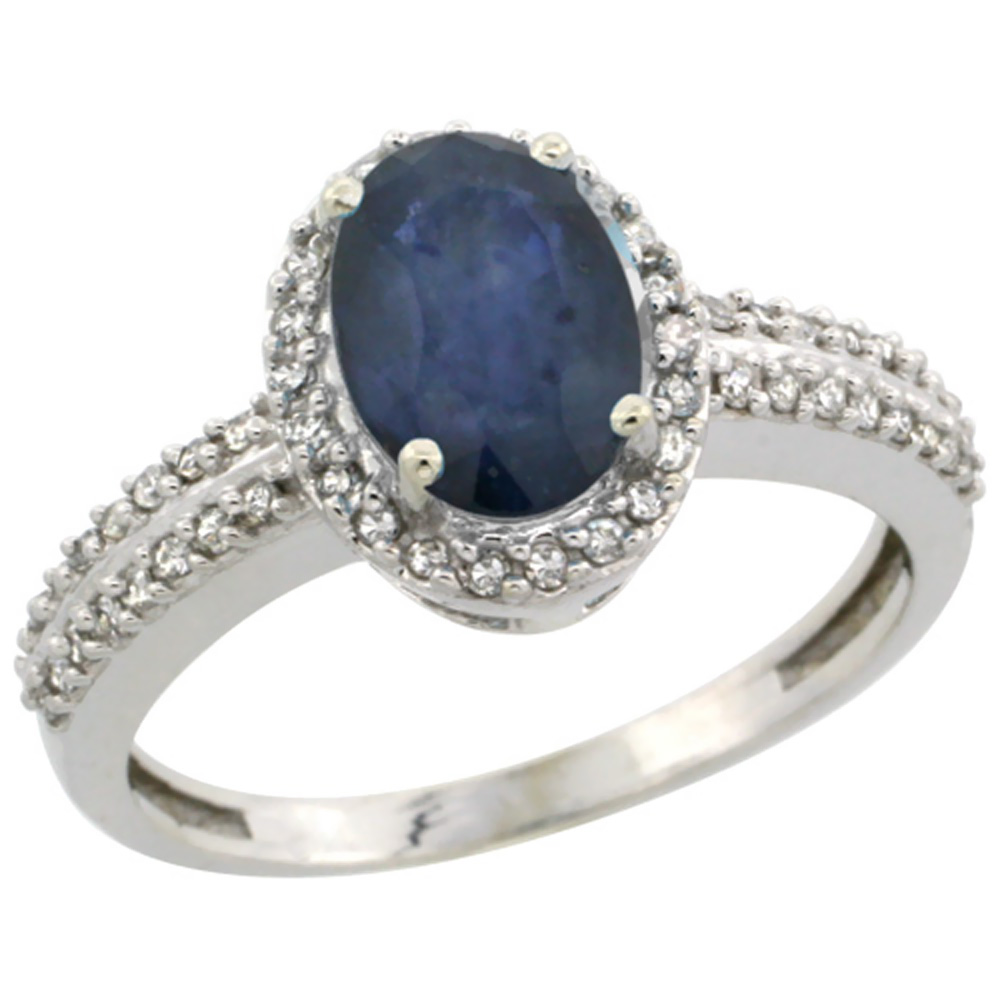 10k White Gold Natural Blue Sapphire Ring Oval 8x6mm Diamond Halo, sizes 5-10