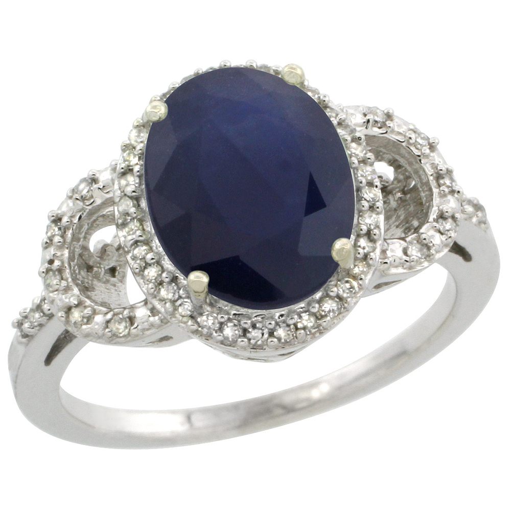 10K White Gold Diamond Natural Blue Sapphire Engagement Ring Oval 10x8mm, sizes 5-10