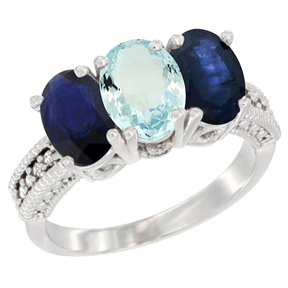 14K White Gold Natural Aquamarine & Blue Sapphire Sides Ring 3-Stone 7x5 mm Oval Diamond Accent, sizes 5 - 10