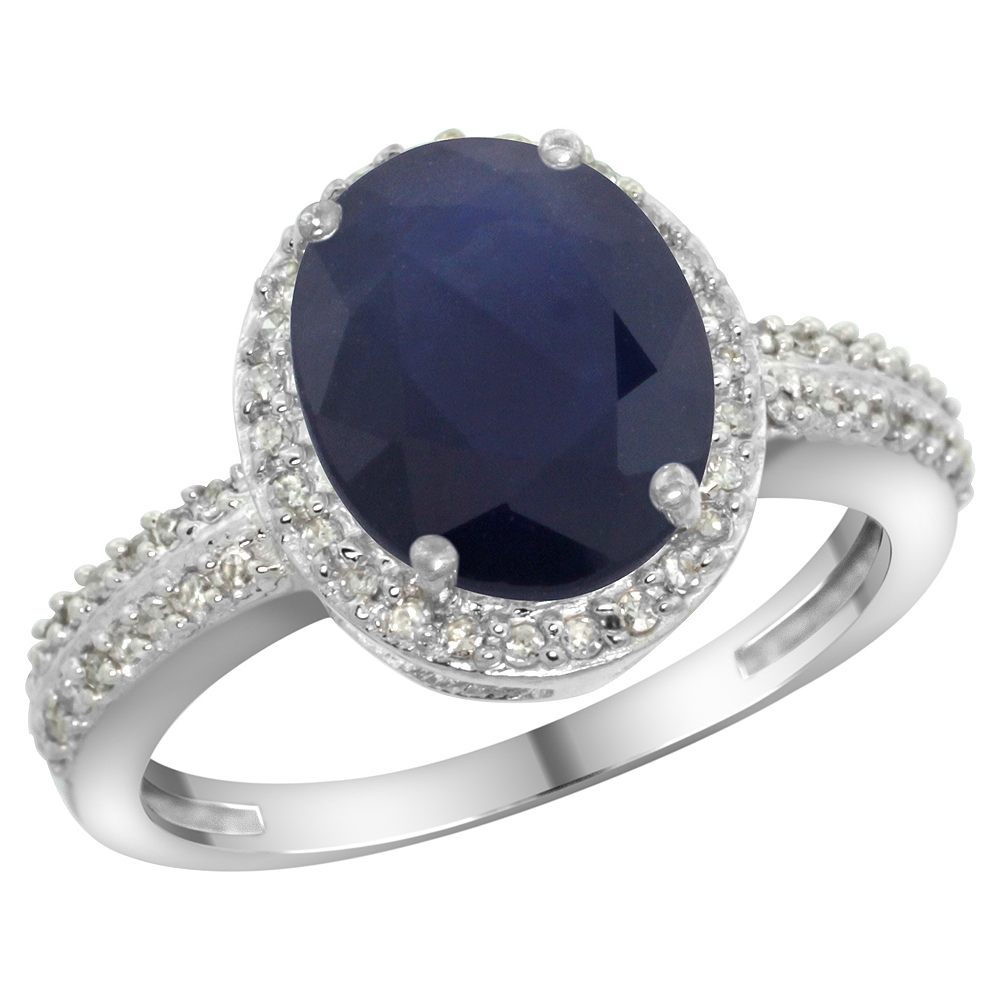 10K White Gold Diamond Natural Blue Sapphire Engagement Ring Oval 10x8mm, sizes 5-10