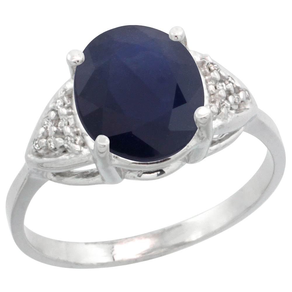 10K White Gold Diamond Natural Blue Sapphire Engagement Ring Oval 10x8mm, sizes 5-10