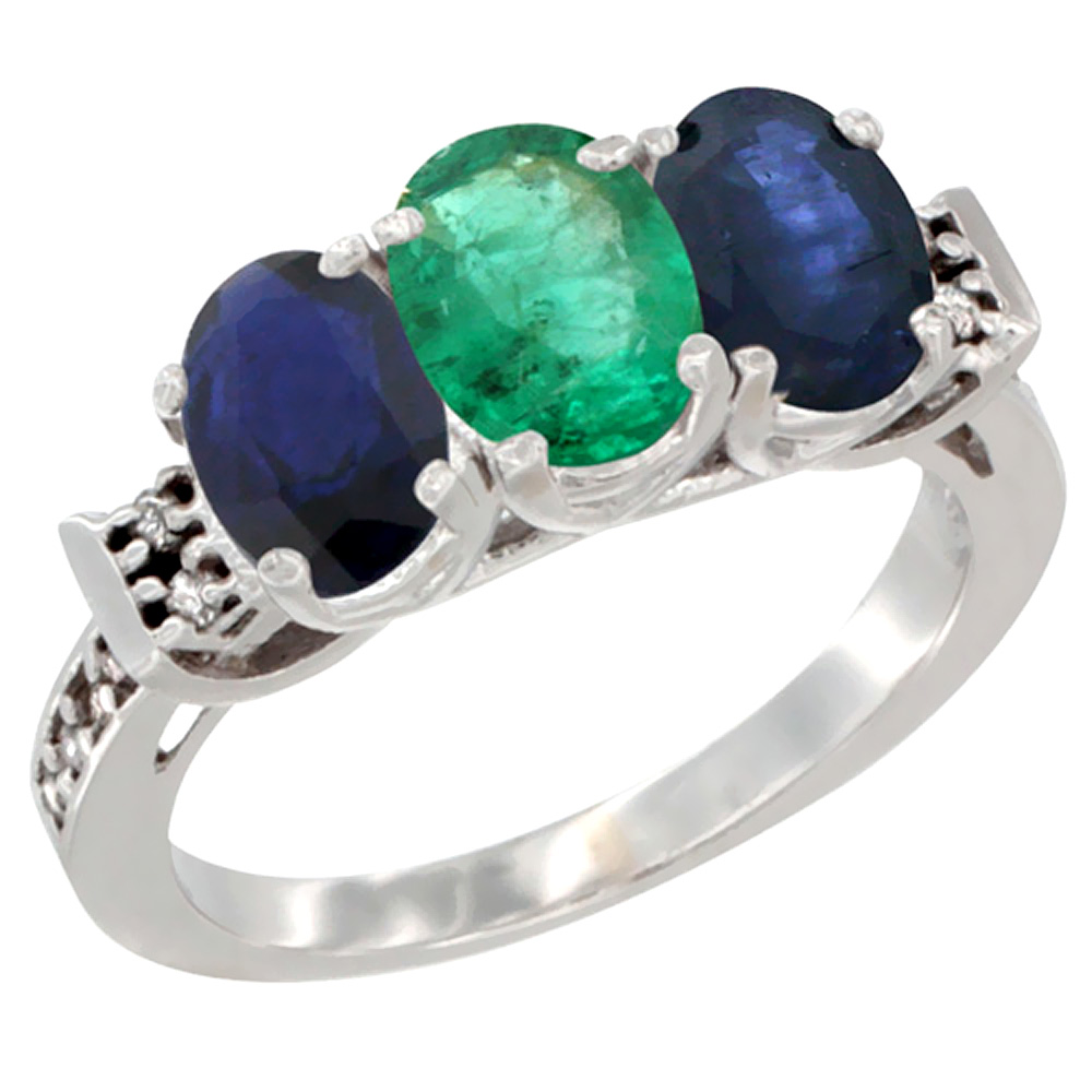 10K White Gold Natural Emerald &amp; Blue Sapphire Sides Ring 3-Stone Oval 7x5 mm Diamond Accent, sizes 5 - 10
