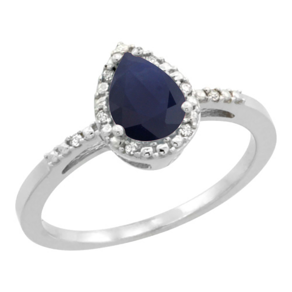 14K White Gold Diamond Natural Blue Sapphire Ring Pear 7x5mm, sizes 5-10