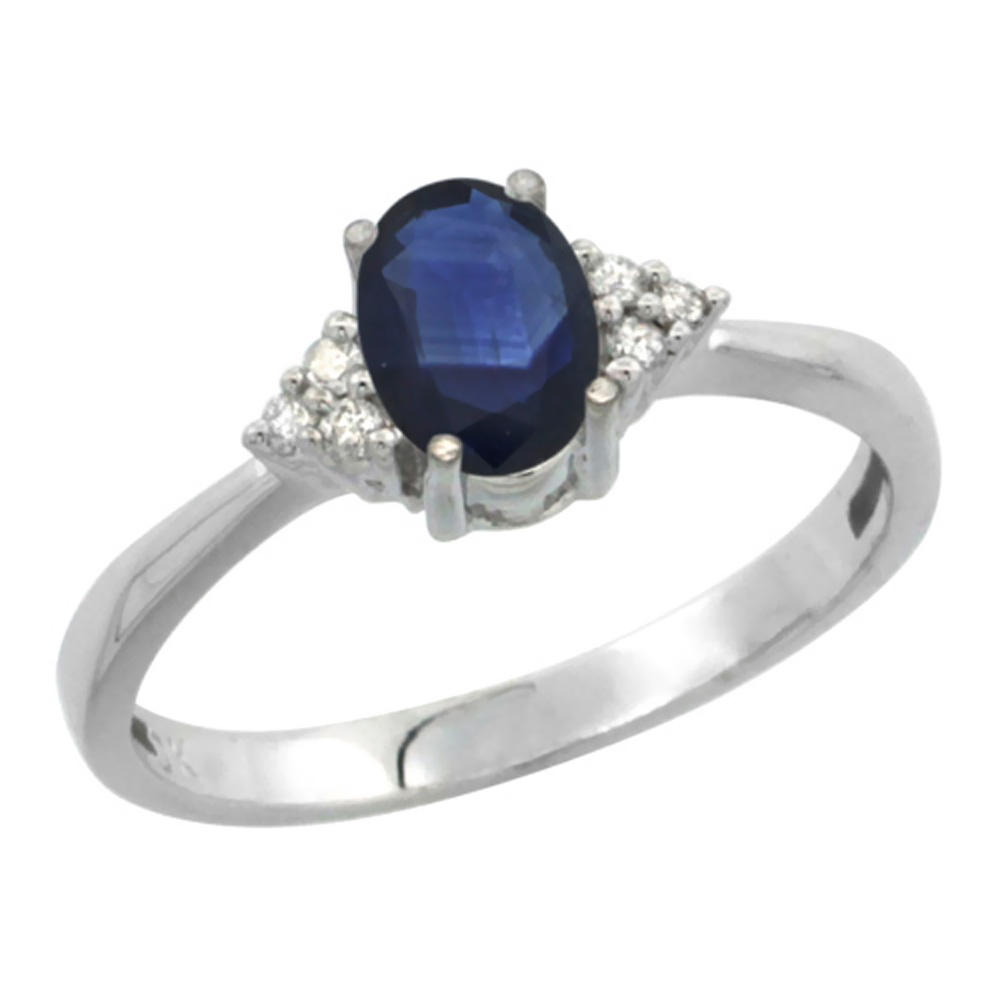 10K White Gold Diamond Natural Blue Sapphire Engagement Ring Oval 7x5mm, sizes 5-10