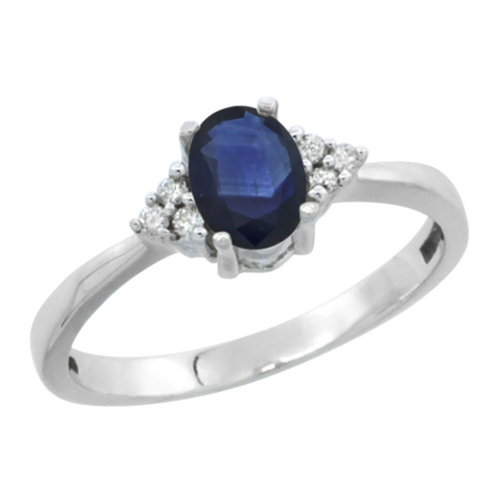 10K White Gold Natural Blue Sapphire Ring Oval 6x4 Stone Diamond Accent, sizes 5-10