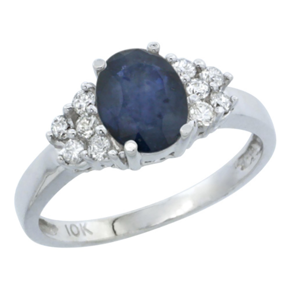 14K White Gold Natural Blue Sapphire Ring Oval 8x6mm Diamond Accent, sizes 5-10