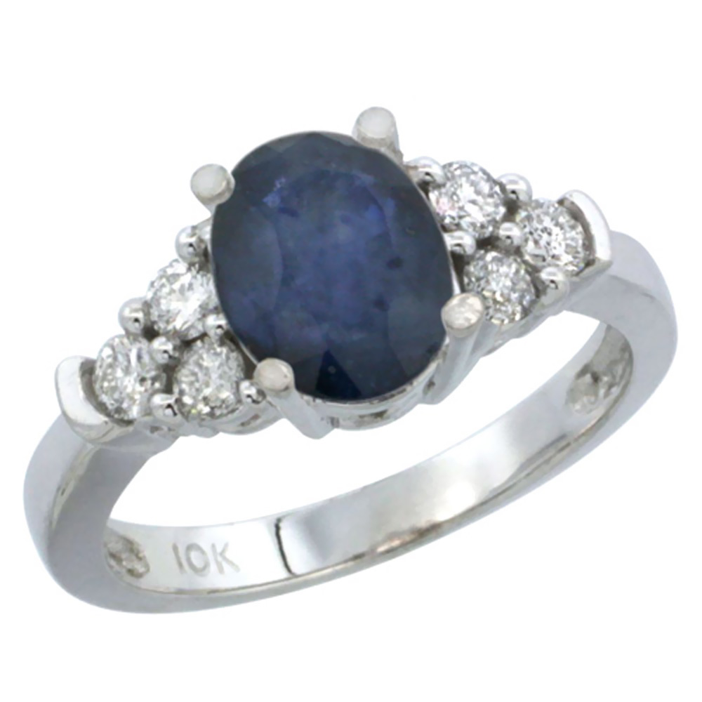10K White Gold Natural Blue Sapphire Ring Oval 9x7mm Diamond Accent, sizes 5-10