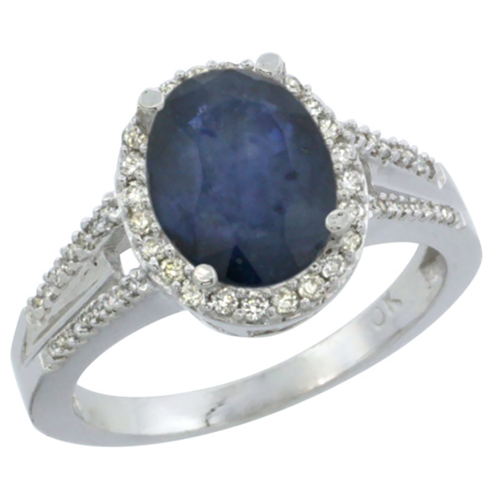 10K White Gold Diamond Natural Blue Sapphire Engagement Ring Oval 10x8mm, sizes 5-10