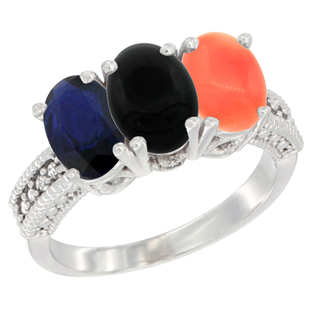 10K White Gold Diamond Natural Blue Sapphire, Black Onyx & Coral Ring 3-Stone 7x5 mm Oval, sizes 5 - 10