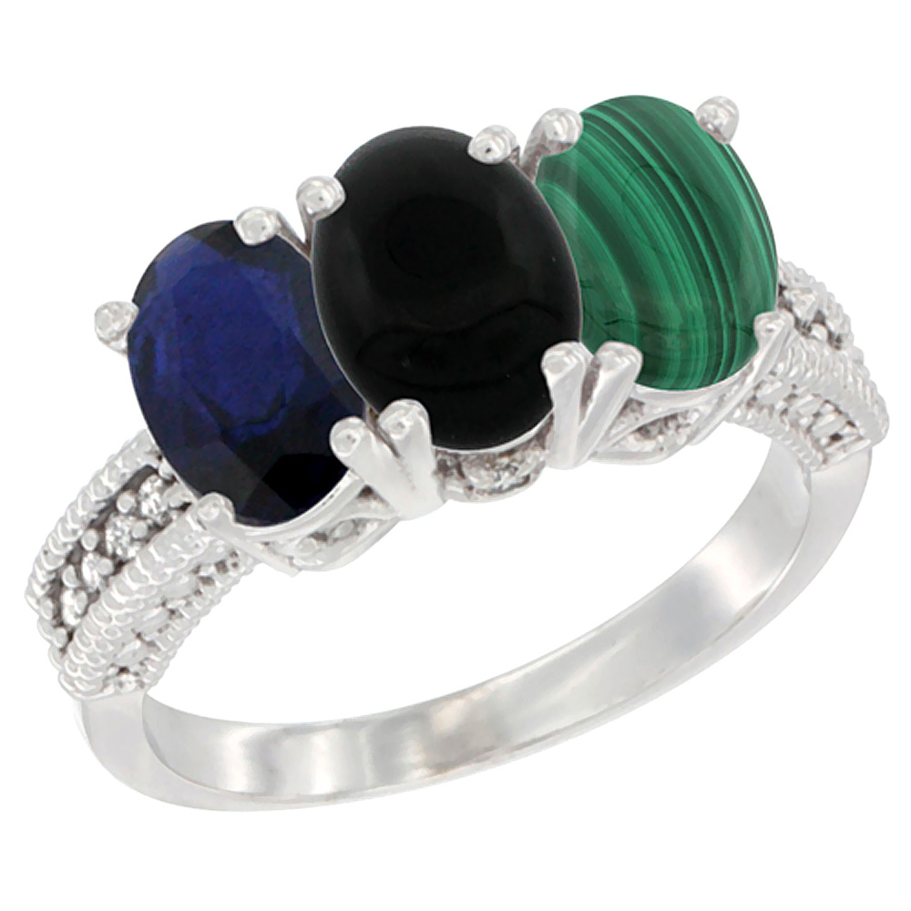 10K White Gold Diamond Natural Blue Sapphire, Black Onyx & Malachite Ring 3-Stone 7x5 mm Oval, sizes 5 - 10