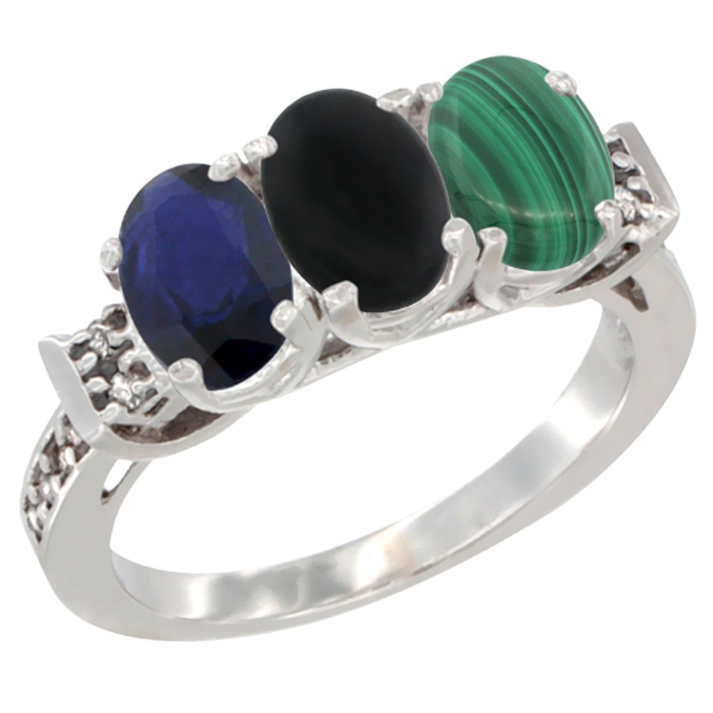 14K White Gold Natural Blue Sapphire, Black Onyx & Malachite Ring 3-Stone Oval 7x5 mm Diamond Accent, sizes 5 - 10