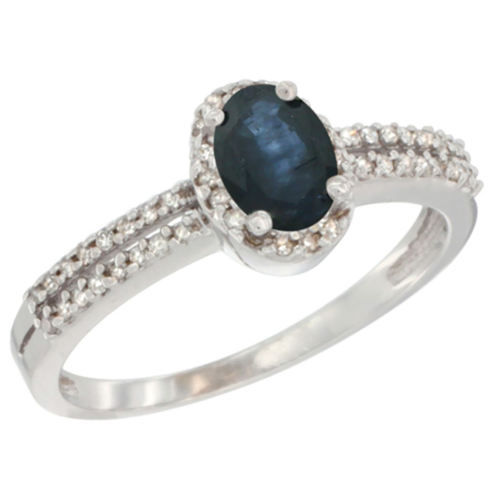 10K White Gold Natural Blue Sapphire Ring Oval 6x4 Stone Diamond Accent, sizes 5-10