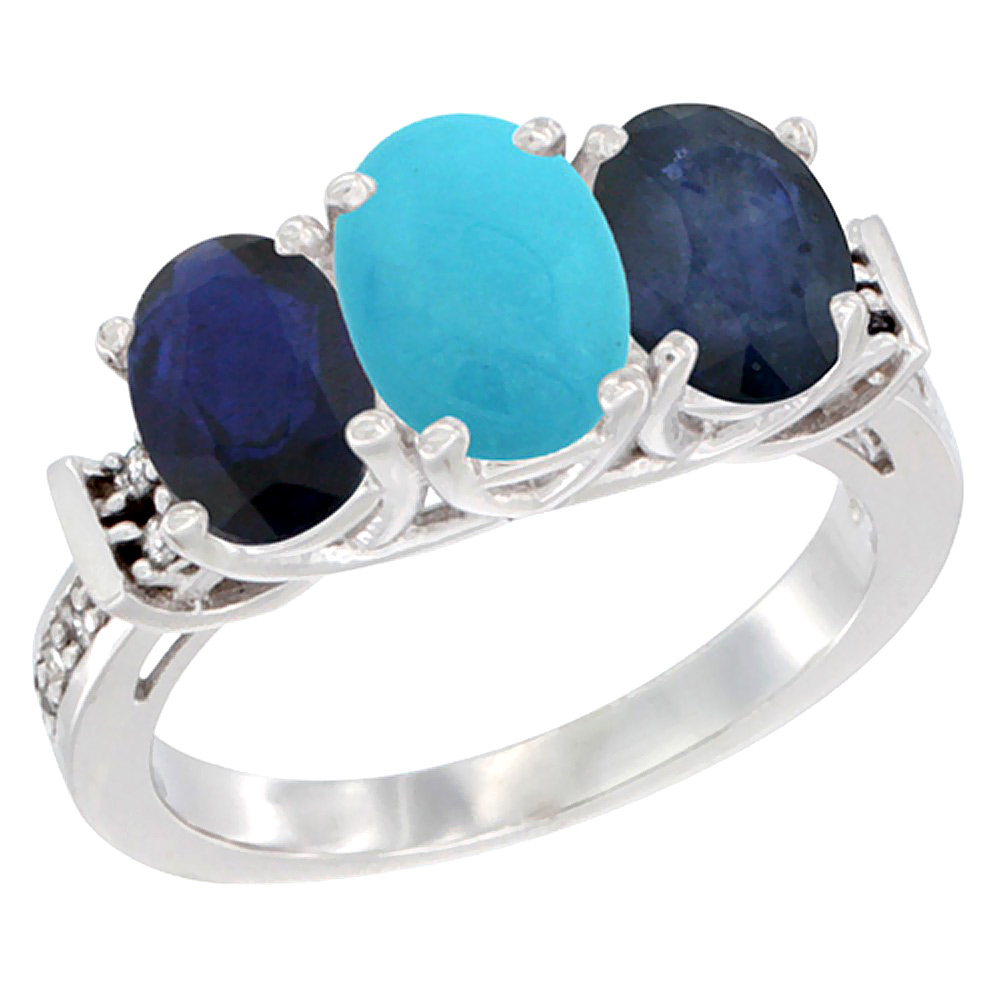 14K White Gold Natural Turquoise &amp; Blue Sapphire Sides Ring 3-Stone Oval Diamond Accent, sizes 5 - 10
