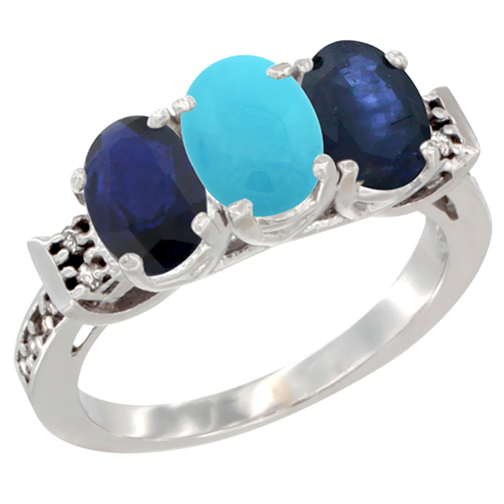 14K White Gold Natural Turquoise &amp; Blue Sapphire Sides Ring 3-Stone Oval 7x5 mm Diamond Accent, sizes 5 - 10