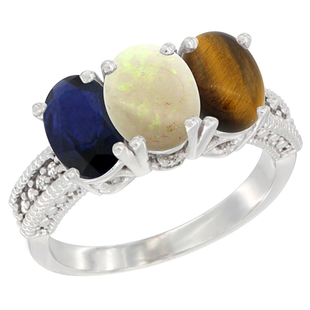 10K White Gold Diamond Natural Blue Sapphire, Opal &amp; Tiger Eye Ring 3-Stone 7x5 mm Oval, sizes 5 - 10