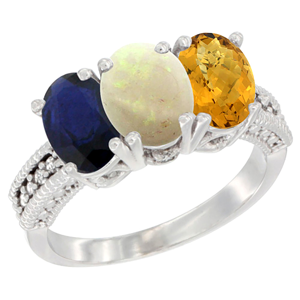 10K White Gold Diamond Natural Blue Sapphire, Opal & Whisky Quartz Ring 3-Stone 7x5 mm Oval, sizes 5 - 10