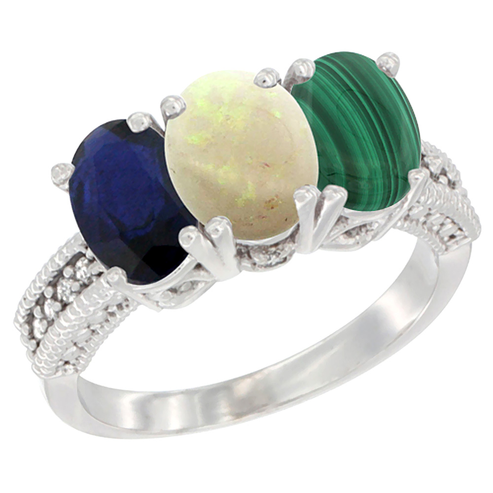 14K White Gold Natural Blue Sapphire, Opal &amp; Malachite Ring 3-Stone 7x5 mm Oval Diamond Accent, sizes 5 - 10