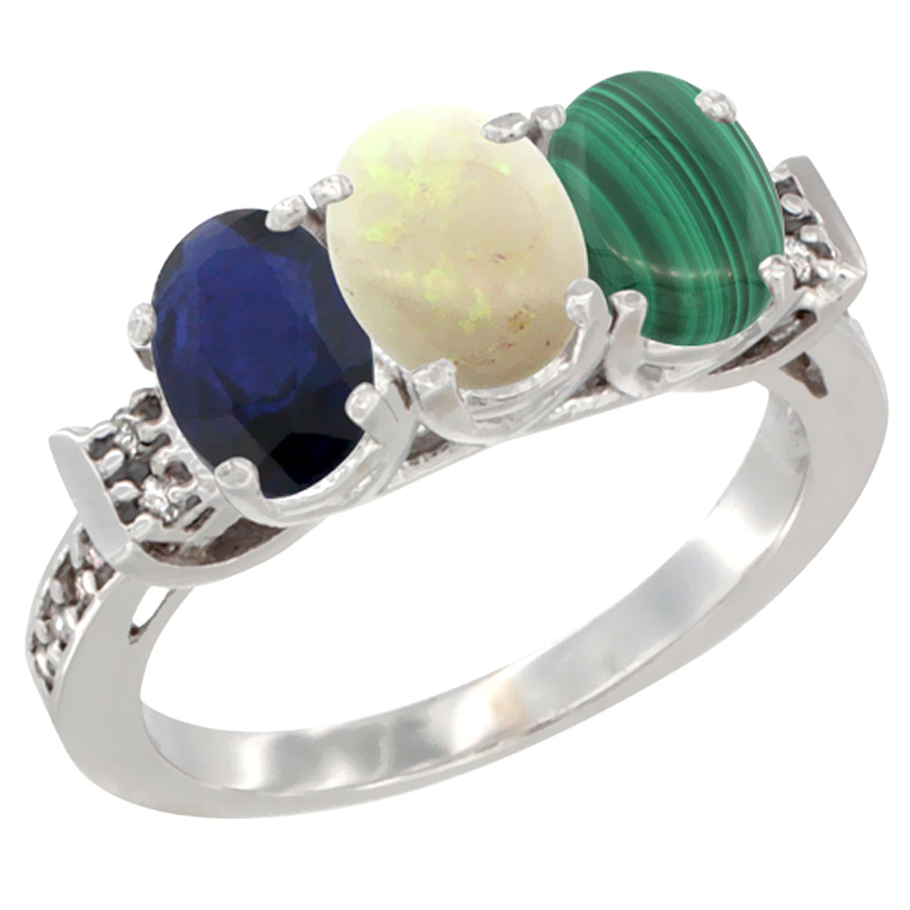 14K White Gold Natural Blue Sapphire, Opal & Malachite Ring 3-Stone Oval 7x5 mm Diamond Accent, sizes 5 - 10