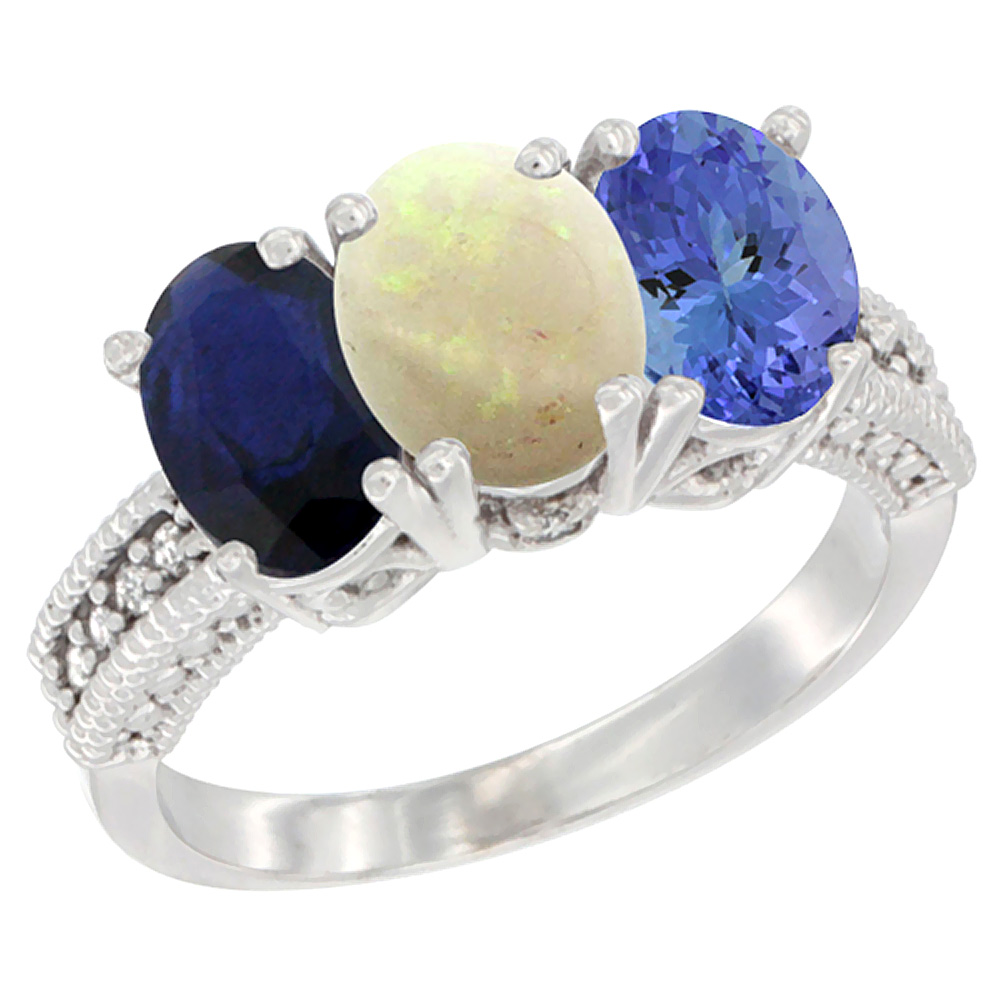 10K White Gold Diamond Natural Blue Sapphire, Opal &amp; Tanzanite Ring 3-Stone 7x5 mm Oval, sizes 5 - 10