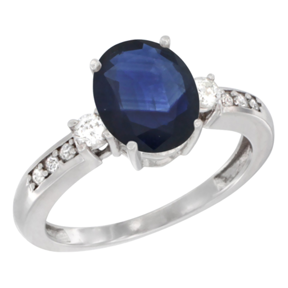 10k White Gold Natural Blue Sapphire Ring Oval 9x7 mm Diamond Accent, sizes 5 - 10