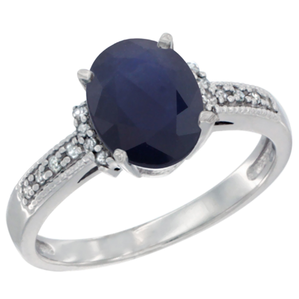 10K White Gold Natural Blue Sapphire Ring Oval 9x7 mm Diamond Accent, sizes 5 - 10