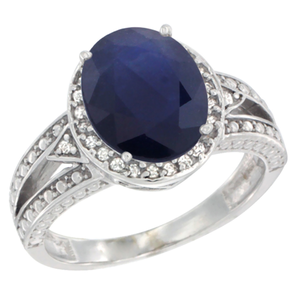 14K White Gold Natural Blue Sapphire Ring Oval 9x7 mm Diamond Halo, sizes 5 - 10