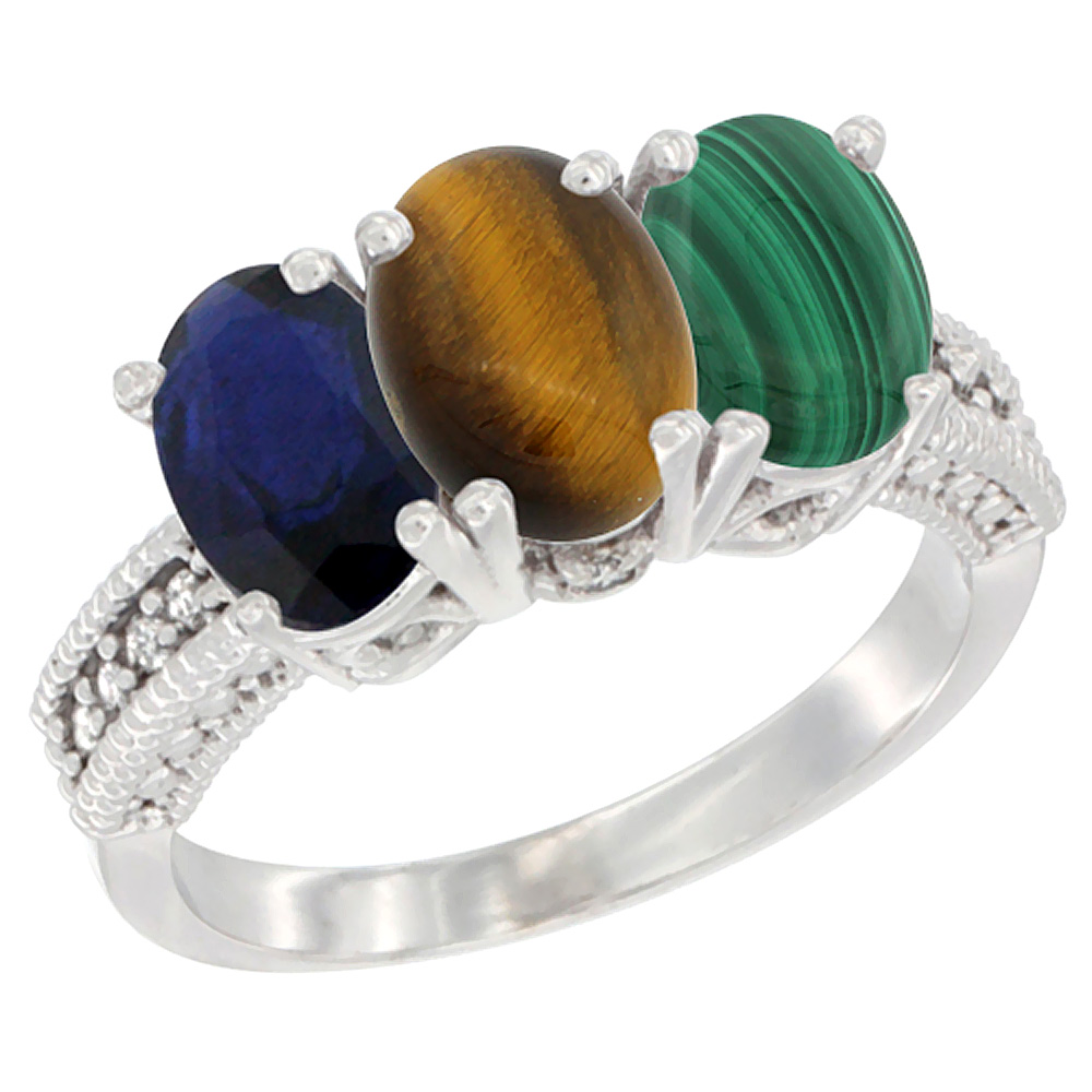 10K White Gold Diamond Natural Blue Sapphire, Tiger Eye & Malachite Ring 3-Stone 7x5 mm Oval, sizes 5 - 10