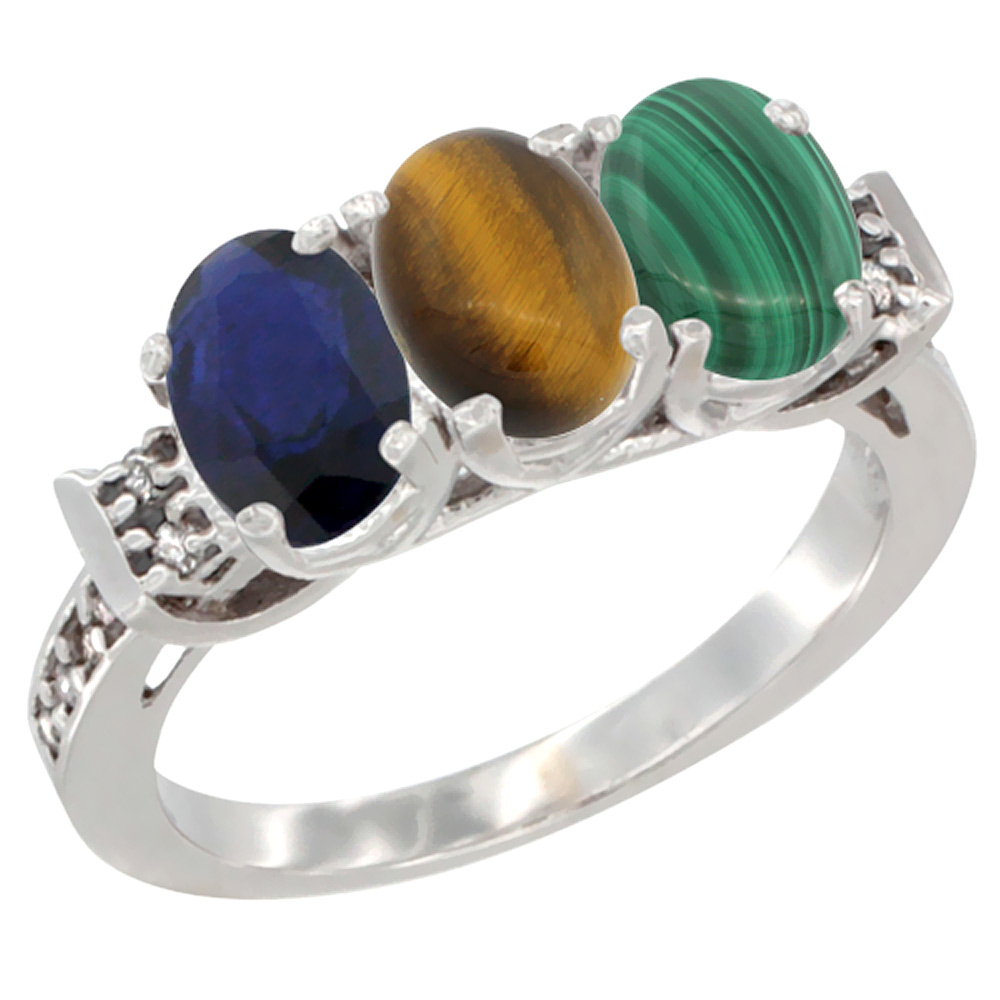 14K White Gold Natural Blue Sapphire, Tiger Eye & Malachite Ring 3-Stone Oval 7x5 mm Diamond Accent, sizes 5 - 10