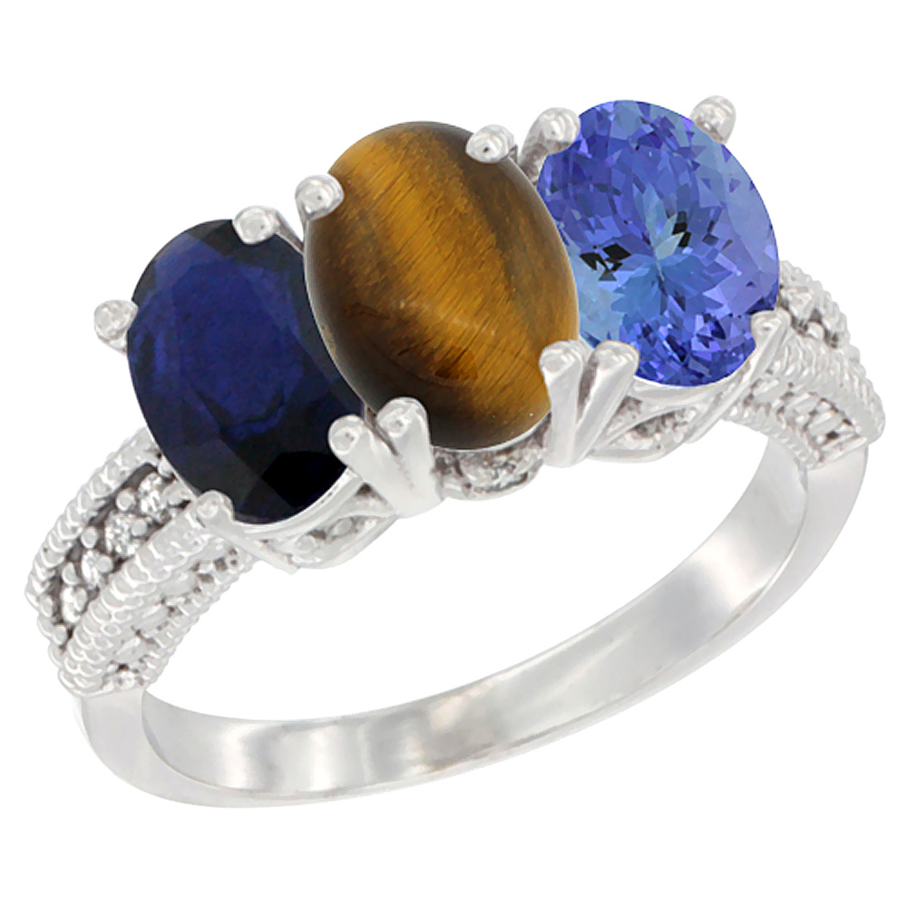 14K White Gold Natural Blue Sapphire, Tiger Eye & Tanzanite Ring 3-Stone 7x5 mm Oval Diamond Accent, sizes 5 - 10
