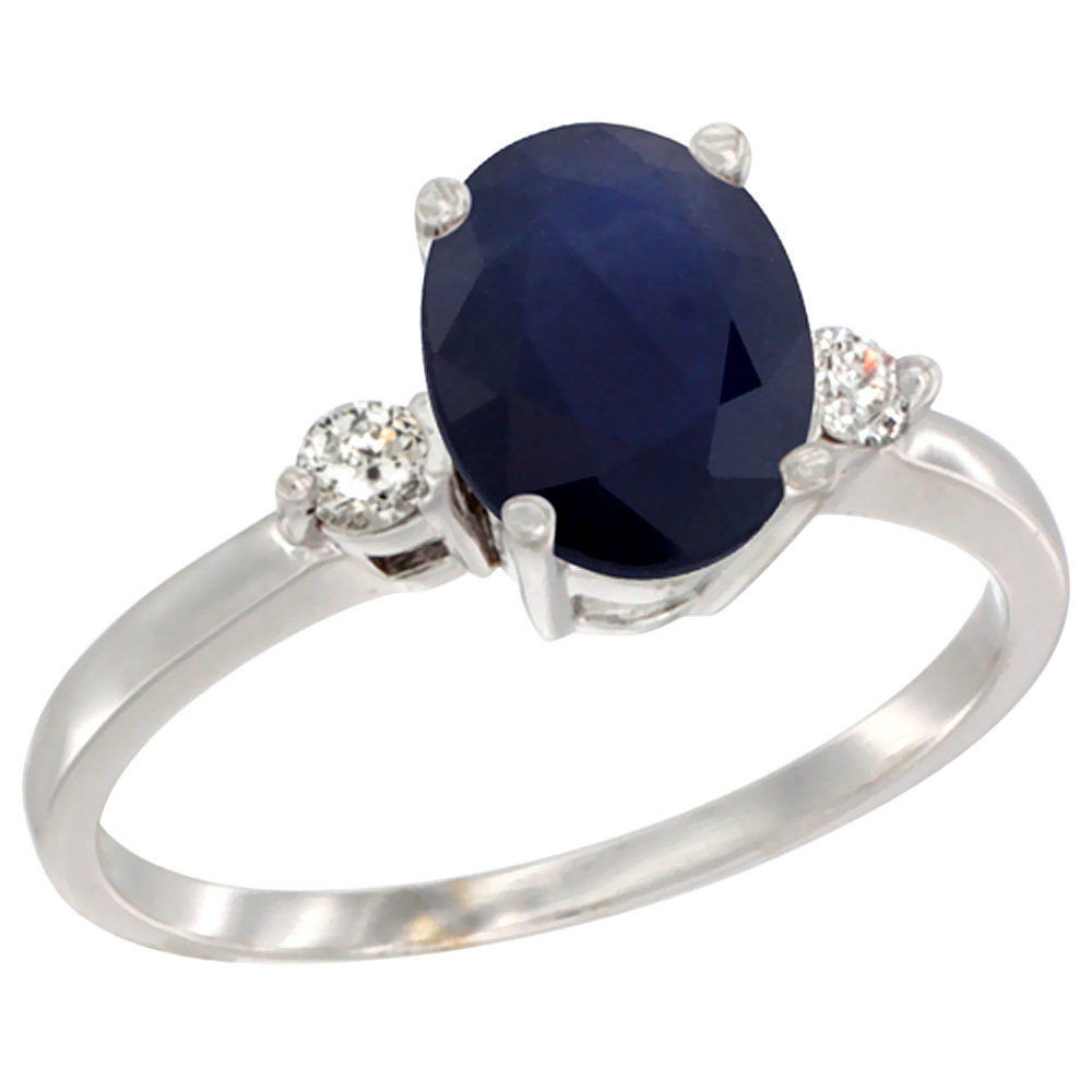 14K White Gold Natural Blue Sapphire Ring Oval 9x7 mm Diamond Accent, sizes 5 to 10