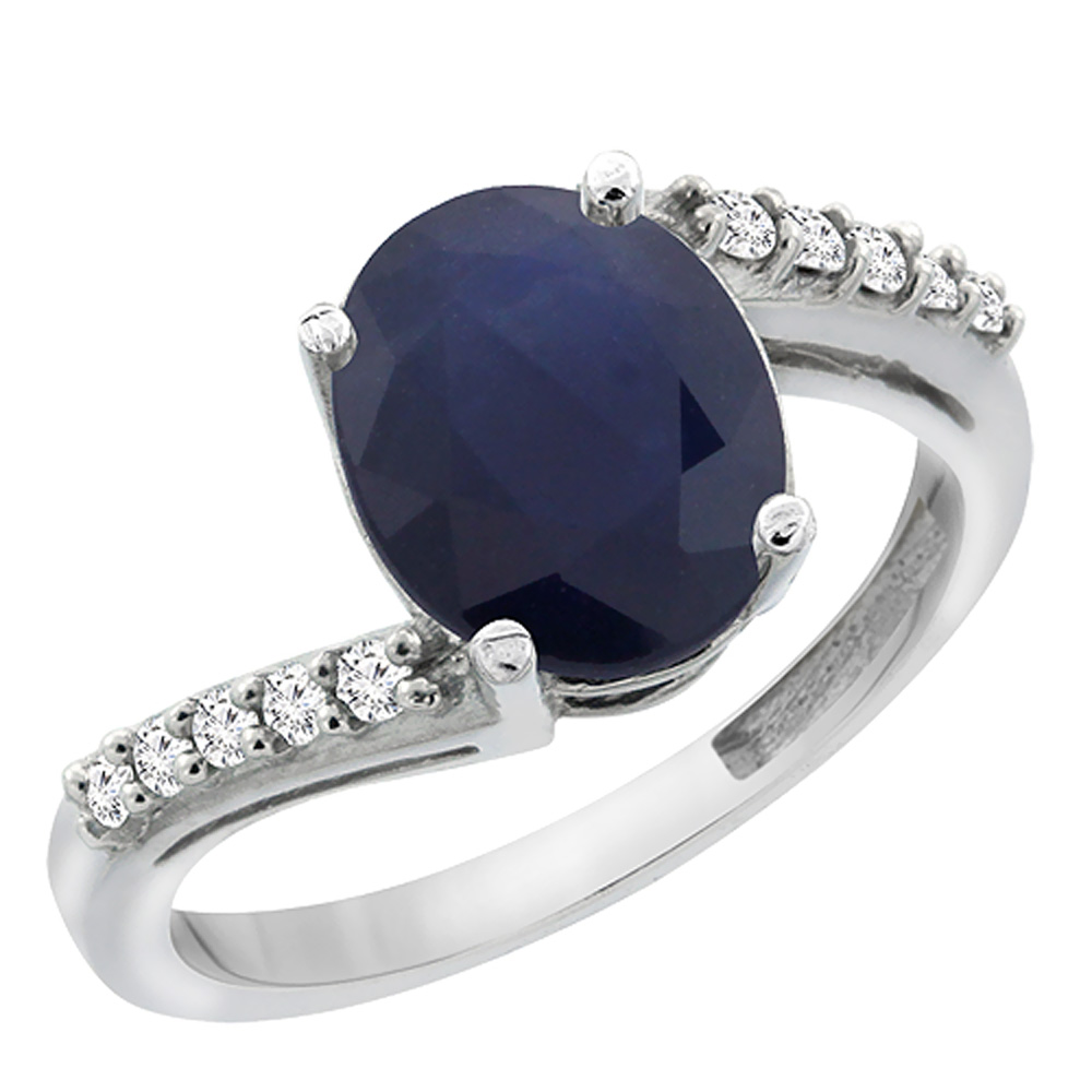 10K White Gold Diamond Natural Blue Sapphire Engagement Ring Oval 10x8mm, sizes 5-10