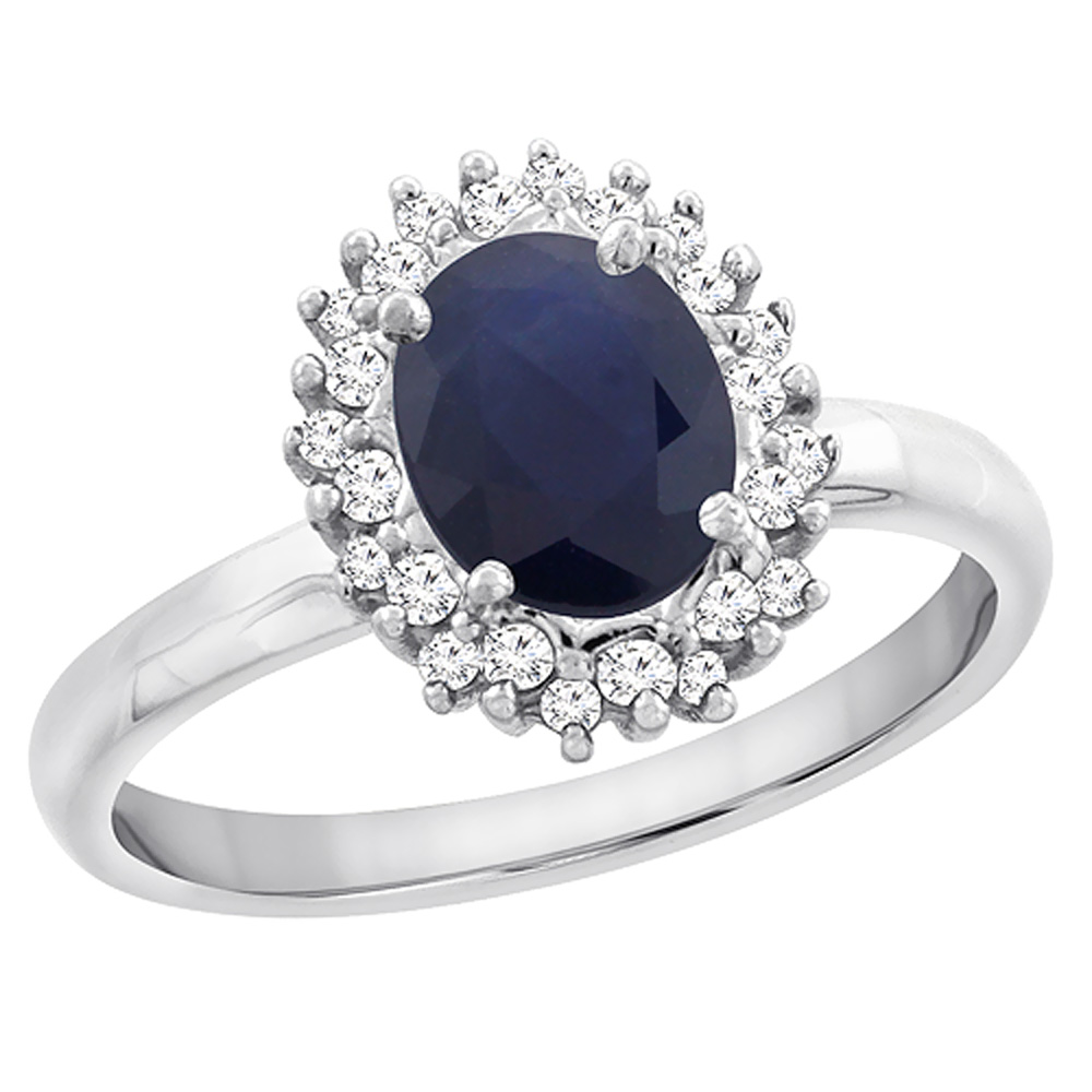 10K White Gold Diamond Natural Blue Sapphire Engagement Ring Oval 7x5mm, sizes 5 - 10