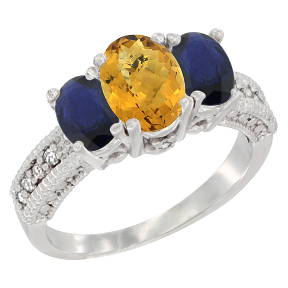 14K White Gold Diamond Natural Whisky Quartz 7x5mm &amp; 6x4mm Quality Blue Sapphire Oval 3-stone Ring,sz5-10