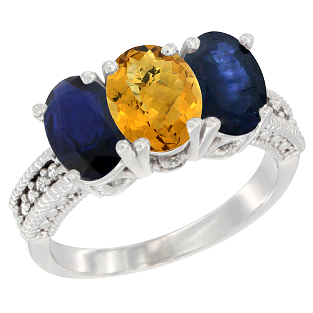 14K White Gold Natural Whisky Quartz & Blue Sapphire Sides Ring 3-Stone 7x5 mm Oval Diamond Accent, sizes 5 - 10