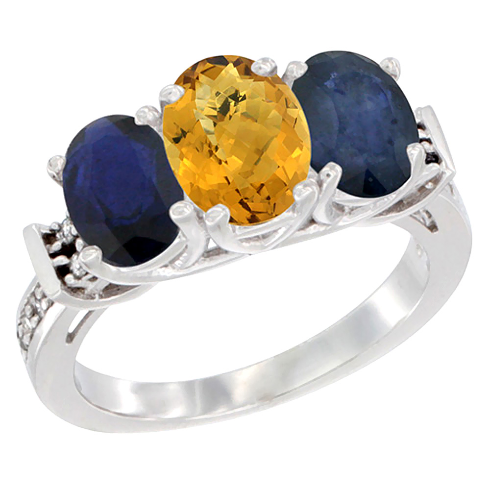 14K White Gold Natural Whisky Quartz & Blue Sapphire Sides Ring 3-Stone Oval Diamond Accent, sizes 5 - 10