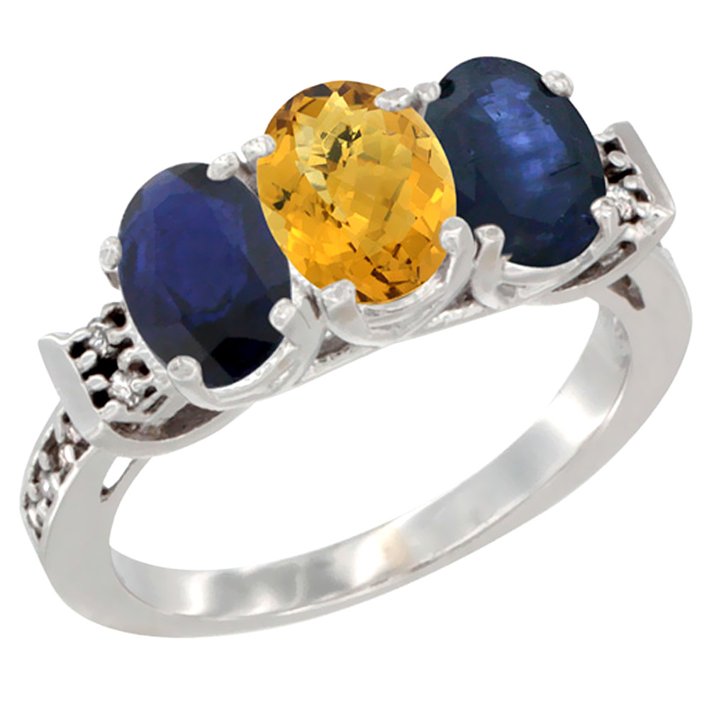 14K White Gold Natural Whisky Quartz & Blue Sapphire Sides Ring 3-Stone Oval 7x5 mm Diamond Accent, sizes 5 - 10