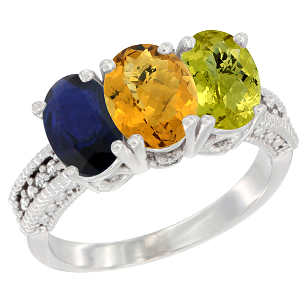 10K White Gold Diamond Natural Blue Sapphire, Whisky Quartz & Lemon Quartz Ring 3-Stone 7x5 mm Oval, sizes 5 - 10