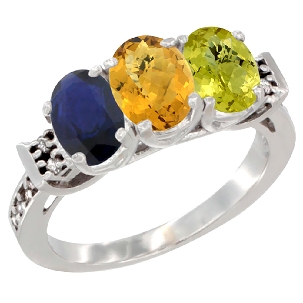 14K White Gold Natural Blue Sapphire, Whisky Quartz &amp; Lemon Quartz Ring 3-Stone Oval 7x5 mm Diamond Accent, sizes 5 - 10