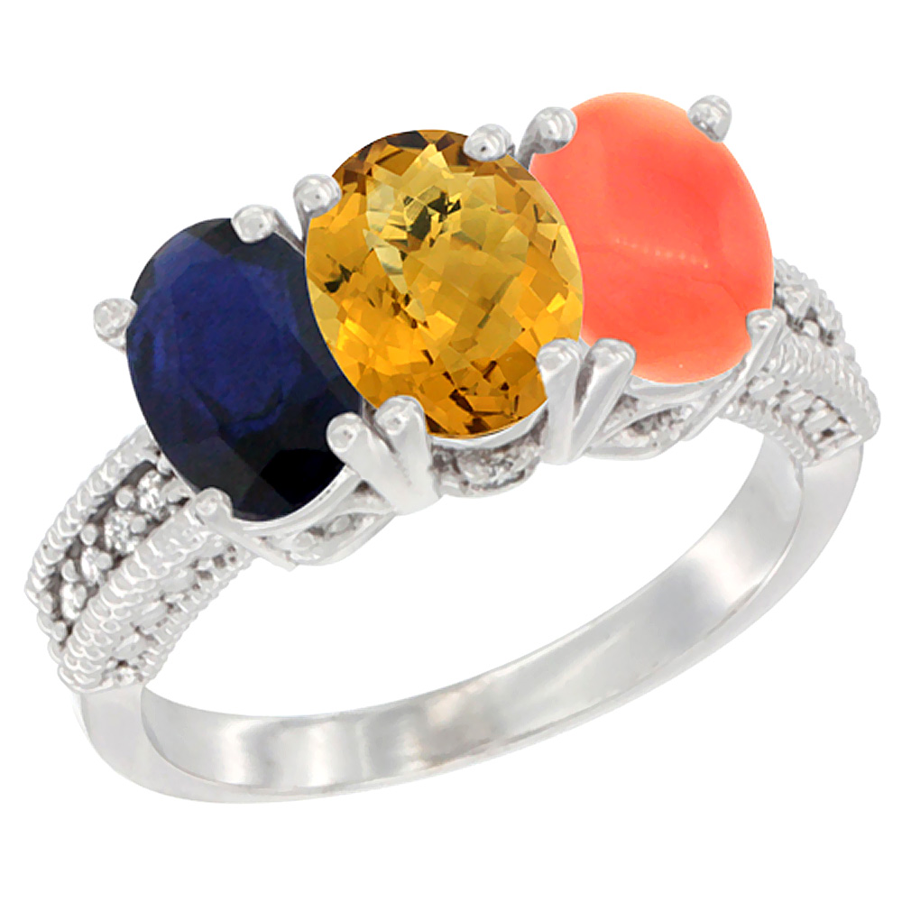 14K White Gold Natural Blue Sapphire, Whisky Quartz &amp; Coral Ring 3-Stone 7x5 mm Oval Diamond Accent, sizes 5 - 10