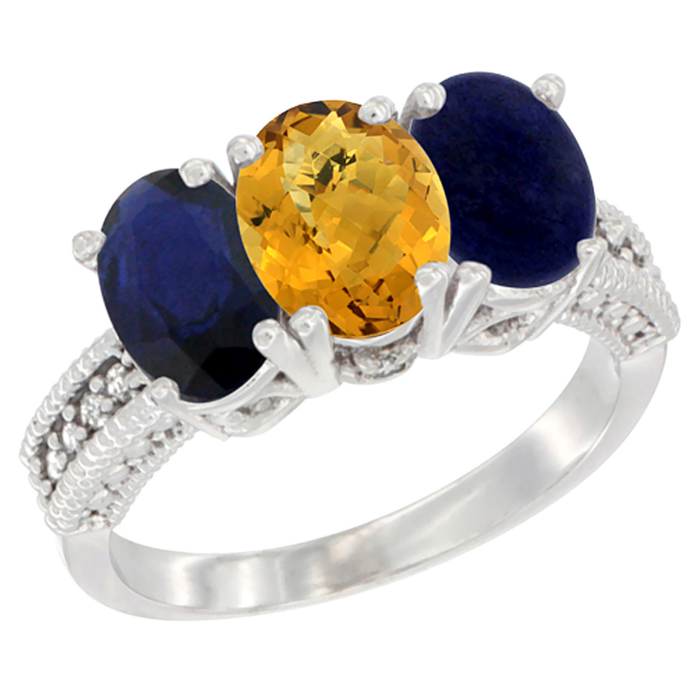 14K White Gold Natural Blue Sapphire, Whisky Quartz &amp; Lapis Ring 3-Stone 7x5 mm Oval Diamond Accent, sizes 5 - 10