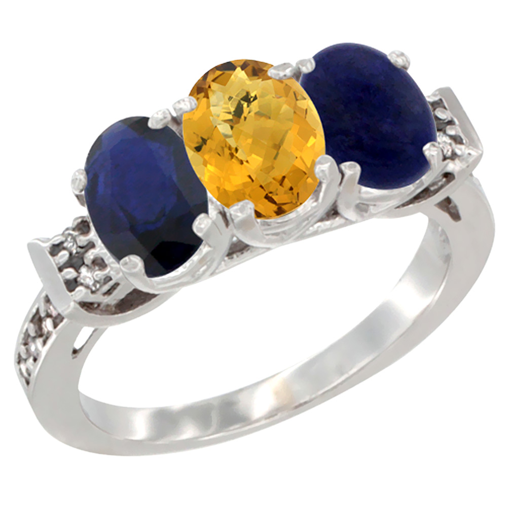 14K White Gold Natural Blue Sapphire, Whisky Quartz &amp; Lapis Ring 3-Stone Oval 7x5 mm Diamond Accent, sizes 5 - 10