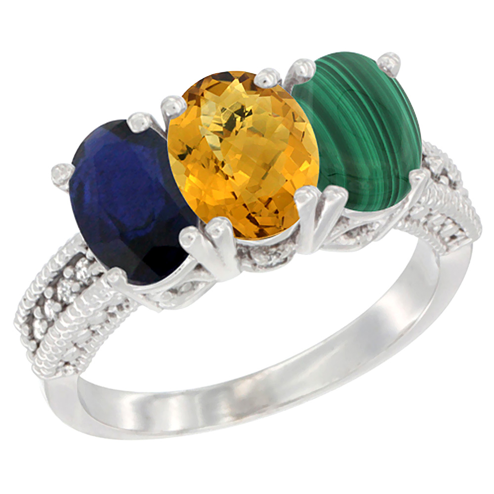 10K White Gold Diamond Natural Blue Sapphire, Whisky Quartz &amp; Malachite Ring 3-Stone 7x5 mm Oval, sizes 5 - 10