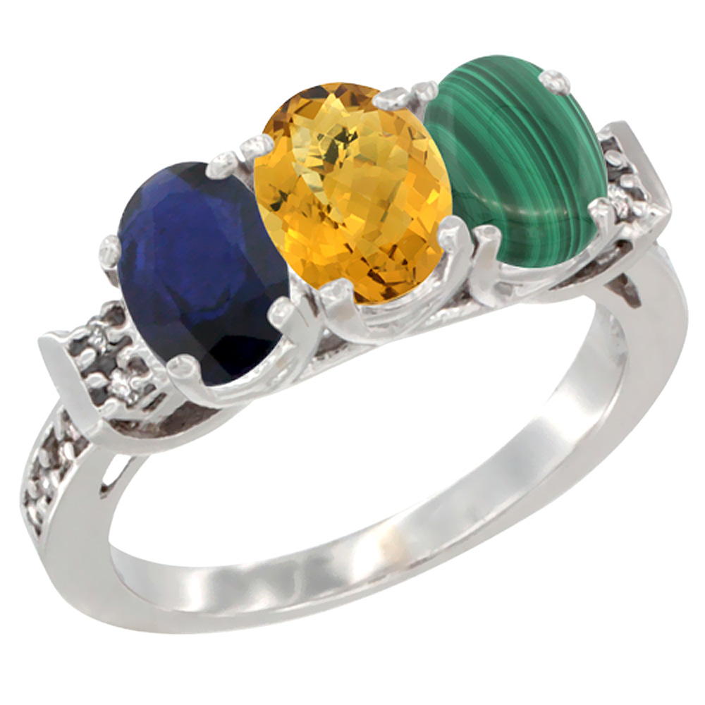 14K White Gold Natural Blue Sapphire, Whisky Quartz &amp; Malachite Ring 3-Stone Oval 7x5 mm Diamond Accent, sizes 5 - 10