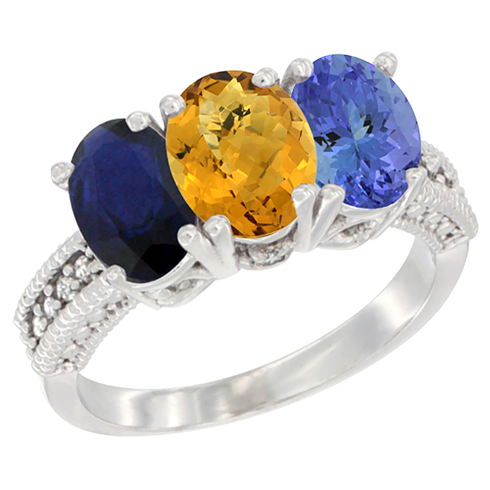 14K White Gold Natural Blue Sapphire, Whisky Quartz &amp; Tanzanite Ring 3-Stone 7x5 mm Oval Diamond Accent, sizes 5 - 10