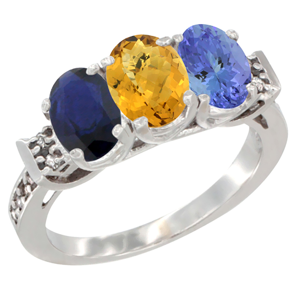 14K White Gold Natural Blue Sapphire, Whisky Quartz & Tanzanite Ring 3-Stone Oval 7x5 mm Diamond Accent, sizes 5 - 10